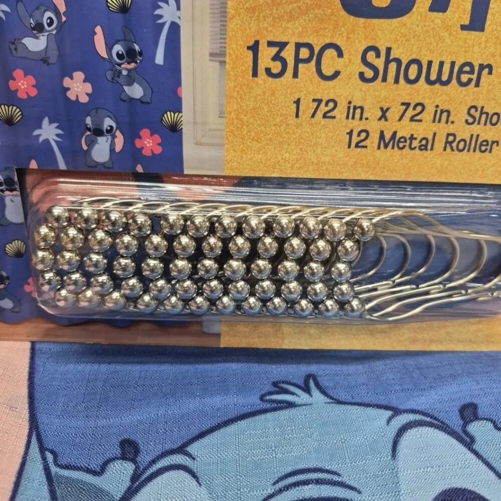 Disney Stitch Shower Curtain Set 72 In X 72 In  -‎ 12 Metal Roller Hooks, New